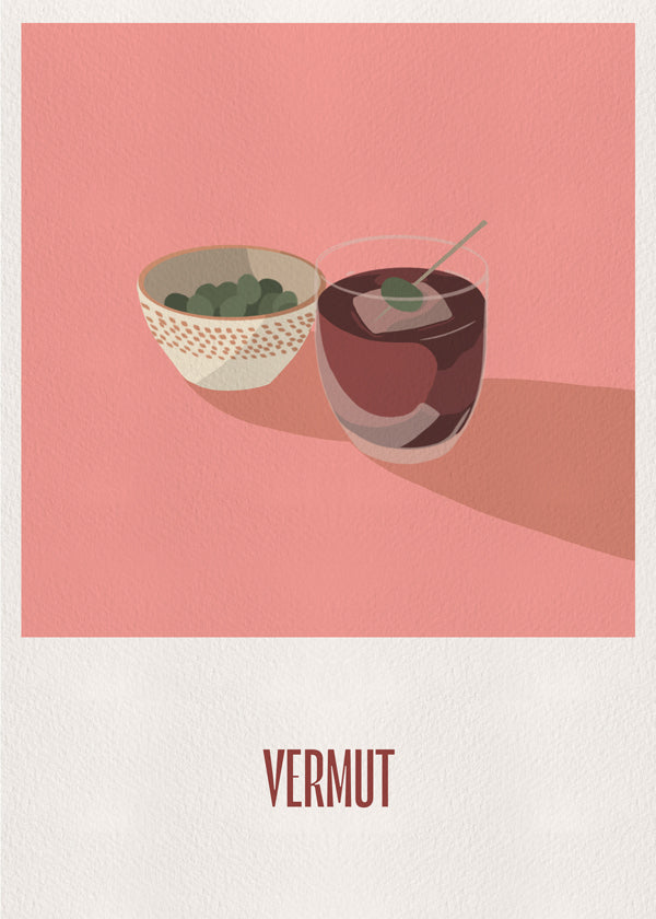 Keuken kunst Vermout en olijven minimal illustratie