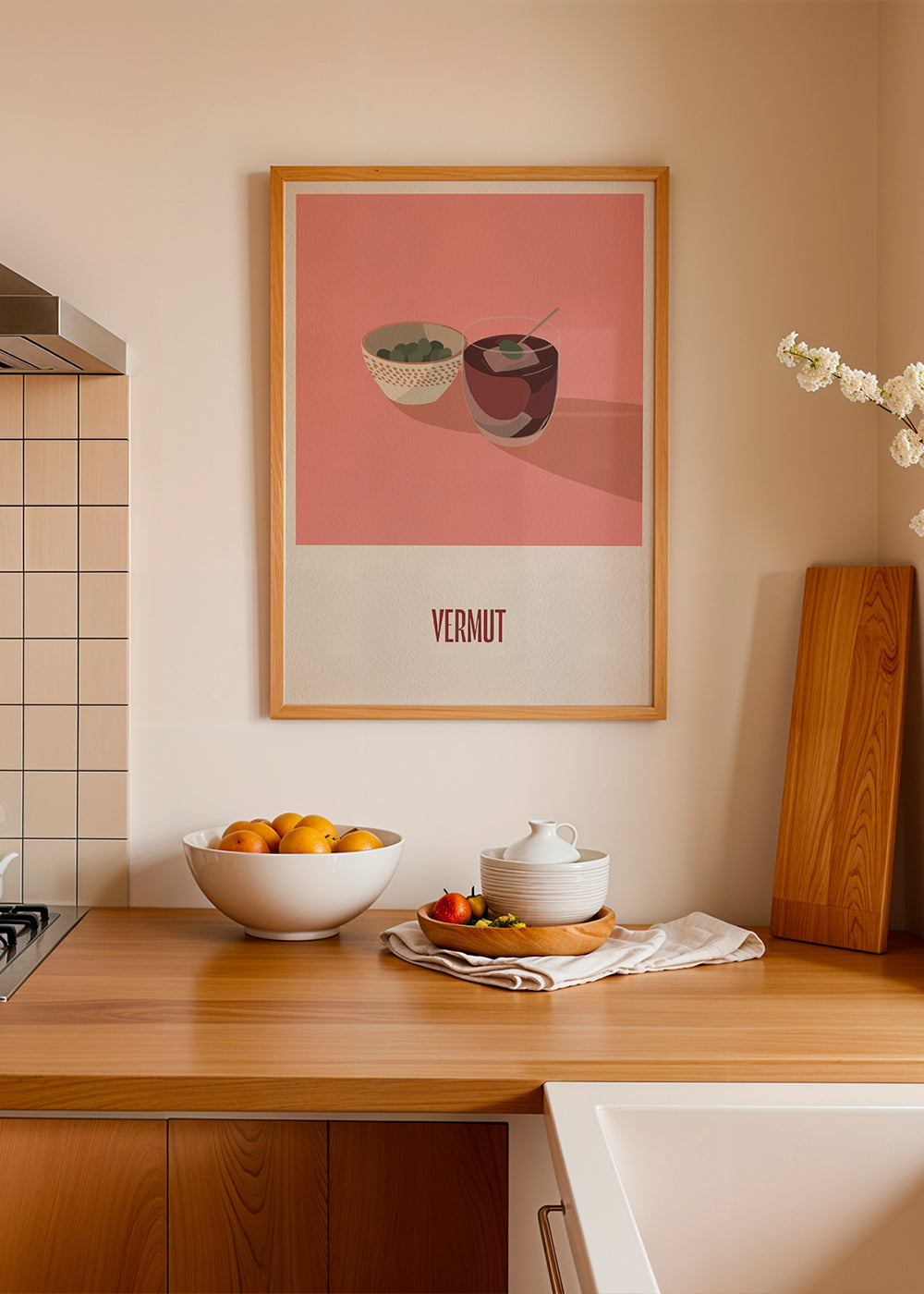 Keuken kunst Vermout en olijven minimal illustratie