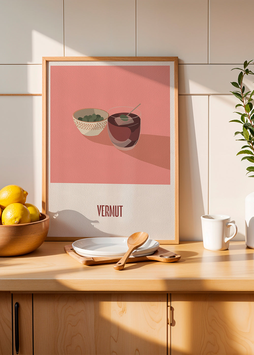 Keuken kunst Vermout en olijven minimal illustratie