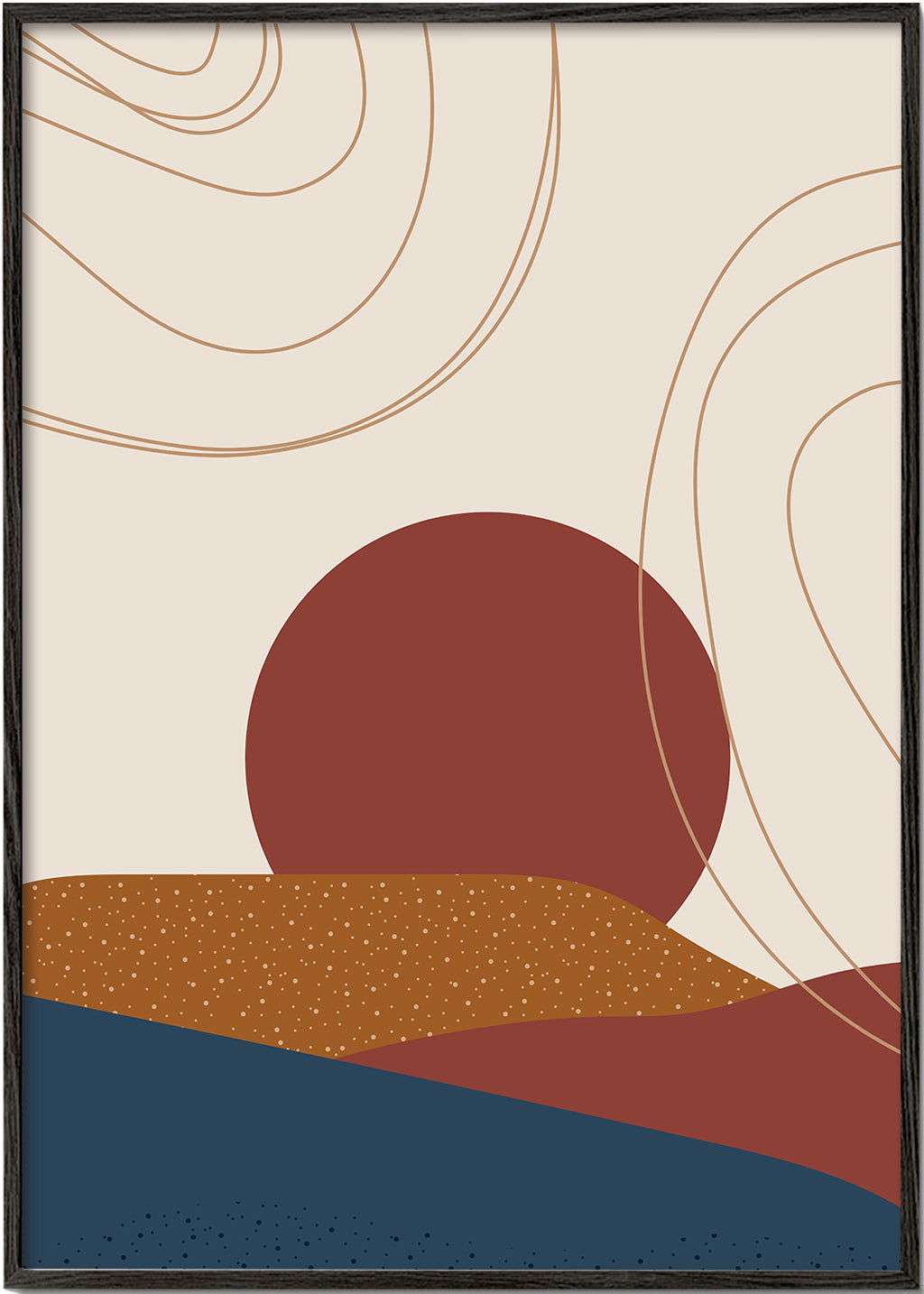 Abstracte kunst: terracotta zon en gelaagde heuvels