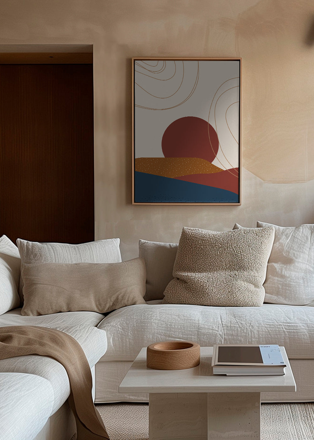 Abstracte kunst: terracotta zon en gelaagde heuvels
