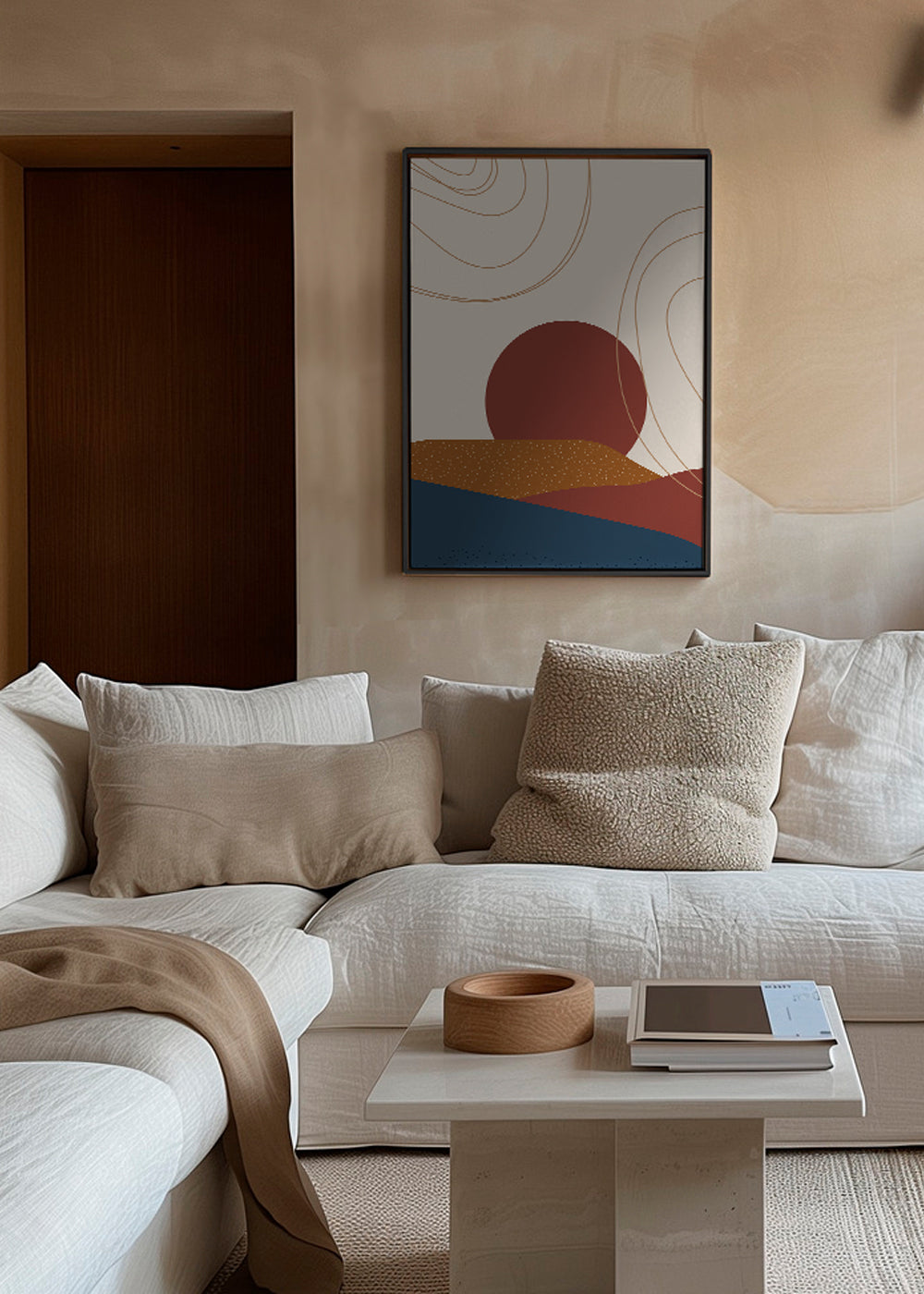 Abstracte kunst: terracotta zon en gelaagde heuvels