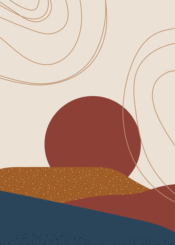 Abstracte kunst: terracotta zon en gelaagde heuvels