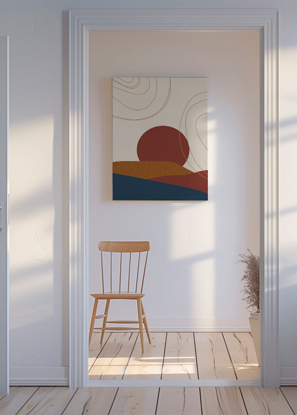 Abstracte kunst: terracotta zon en gelaagde heuvels