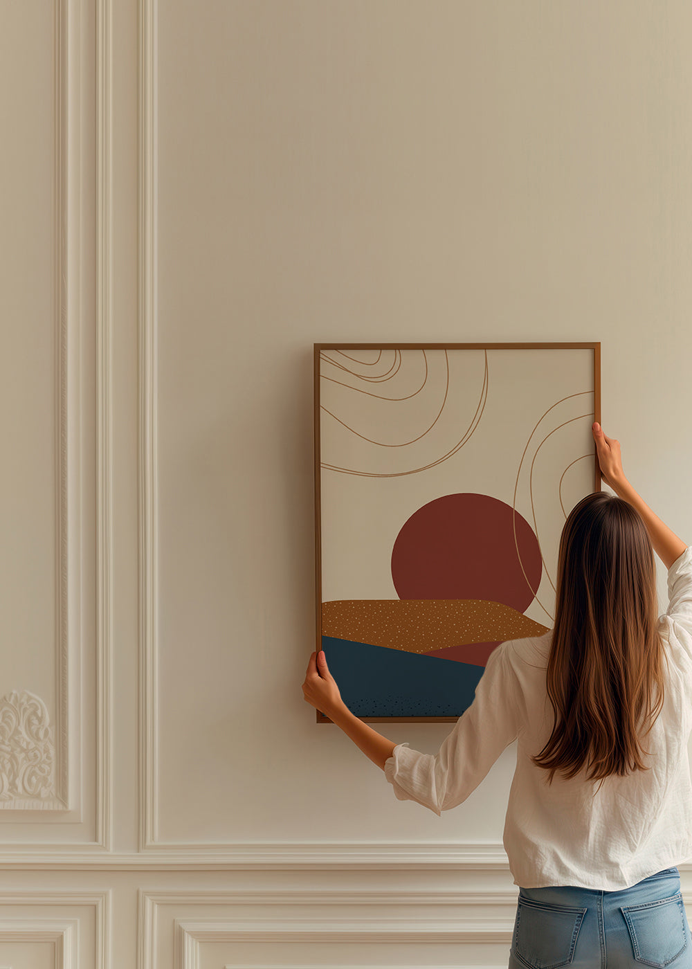 Abstracte kunst: terracotta zon en gelaagde heuvels