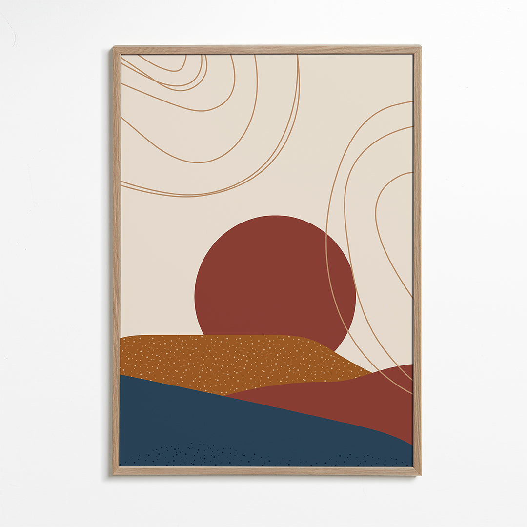 Abstracte kunst: terracotta zon en gelaagde heuvels