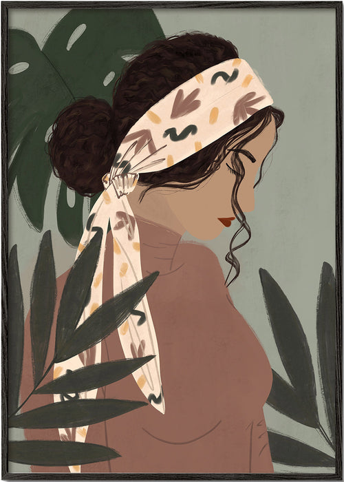 Botanische poster: vrouwenportret tussen bladeren