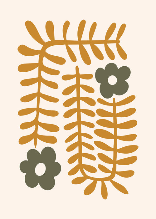 Botanische print met abstracte mosterdbladeren