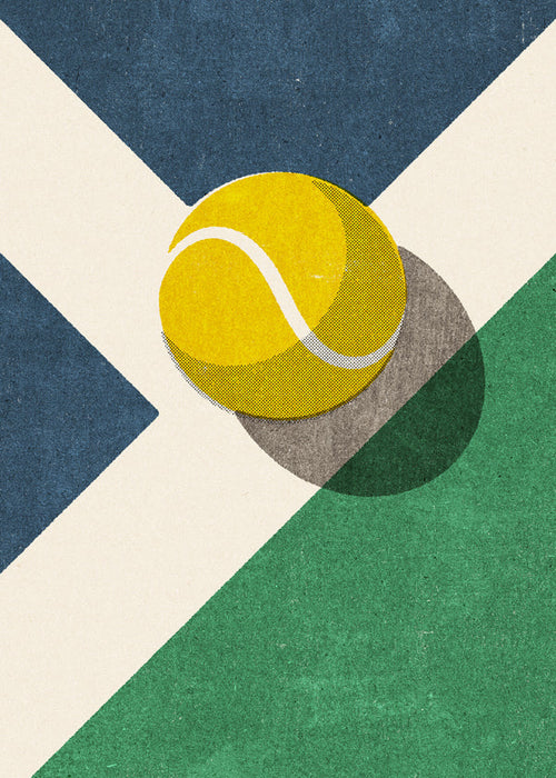 Sportkunst: tennisbal op geometrische compositie