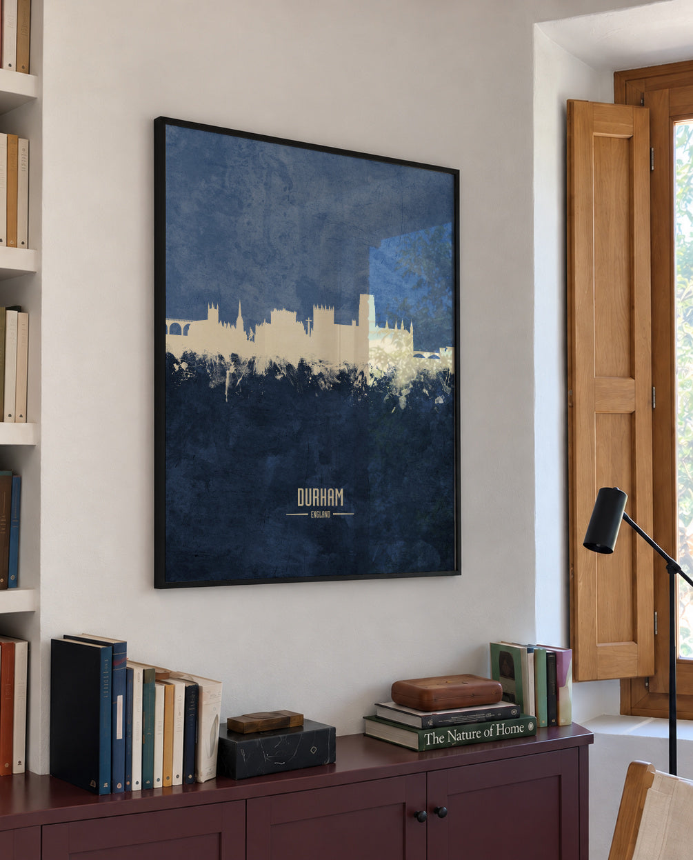 Durham Skyline azul - Framed poster in an interior