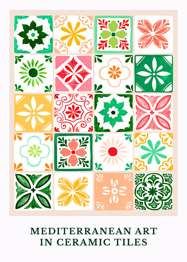 Botanischer Druck mit mediterranen Fliesenmotiven