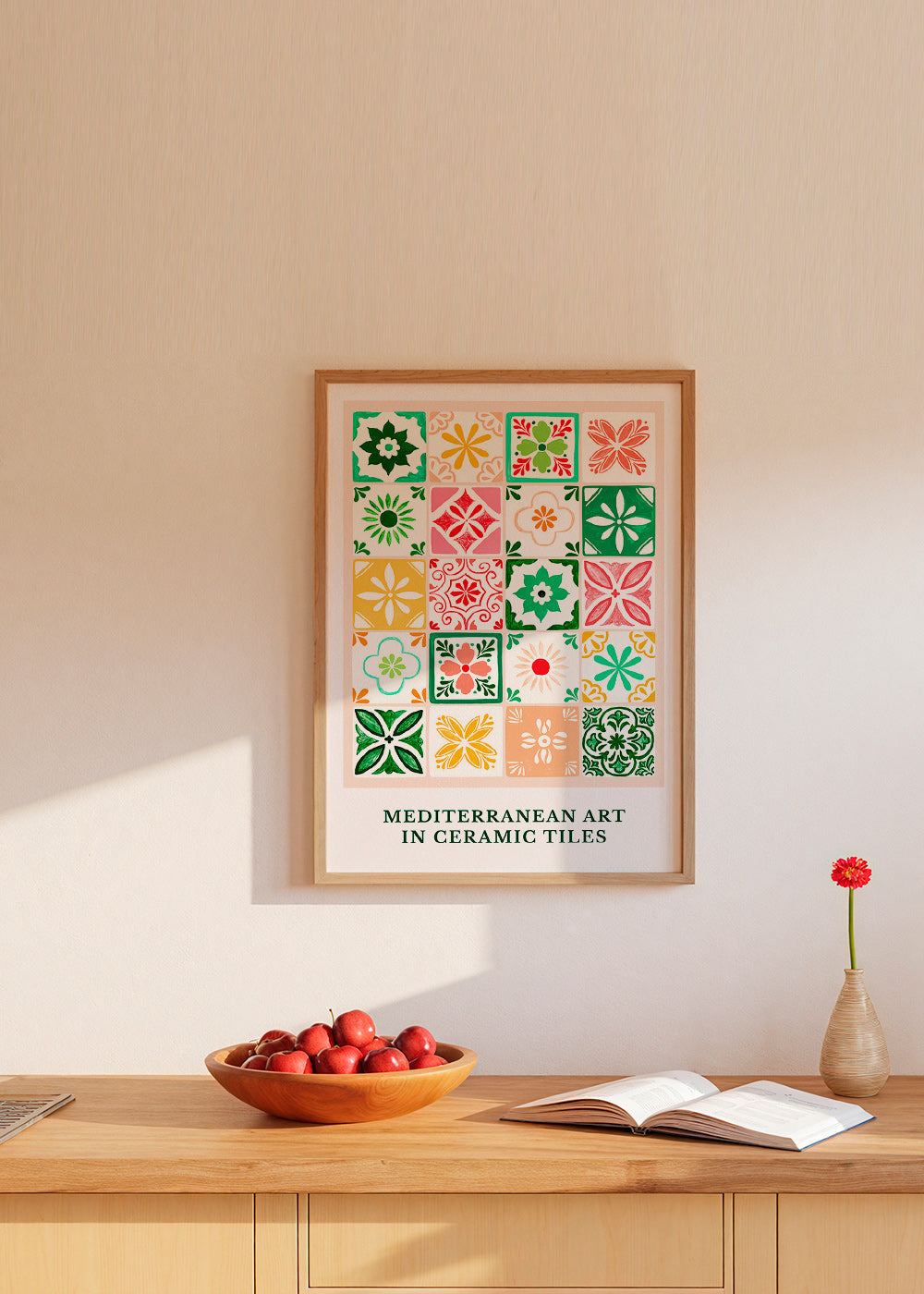 Botanischer Druck mit mediterranen Fliesenmotiven