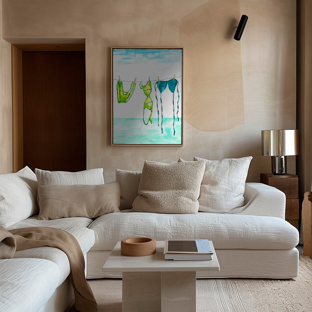 Illustration de maillots accrochés au bord de la mer