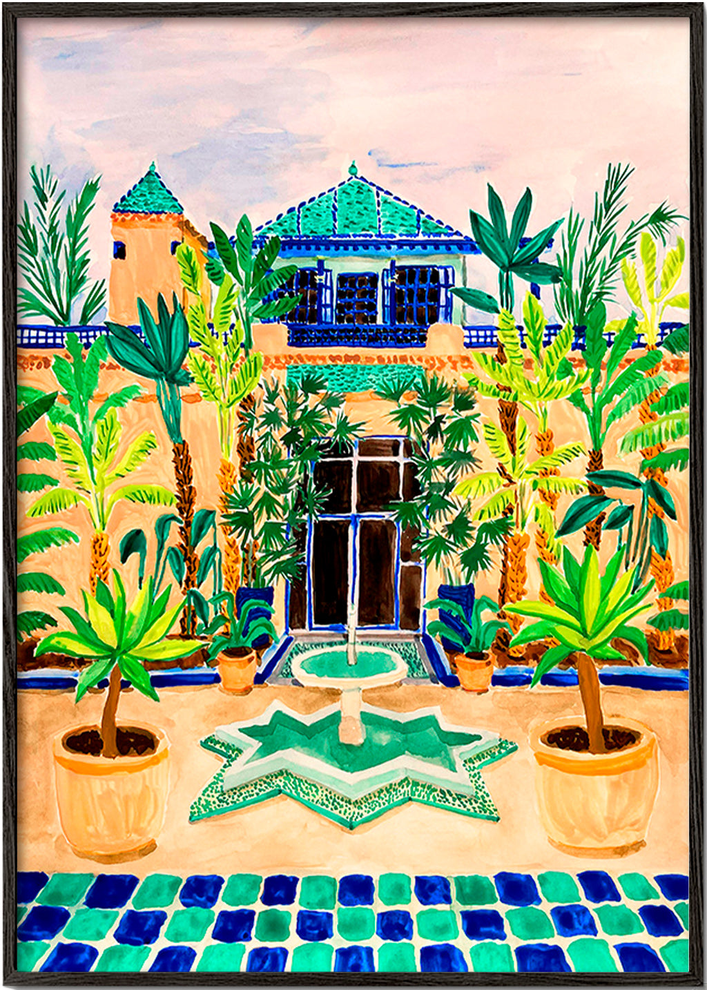 Botanische poster Binnenplaats met fontein en tegels