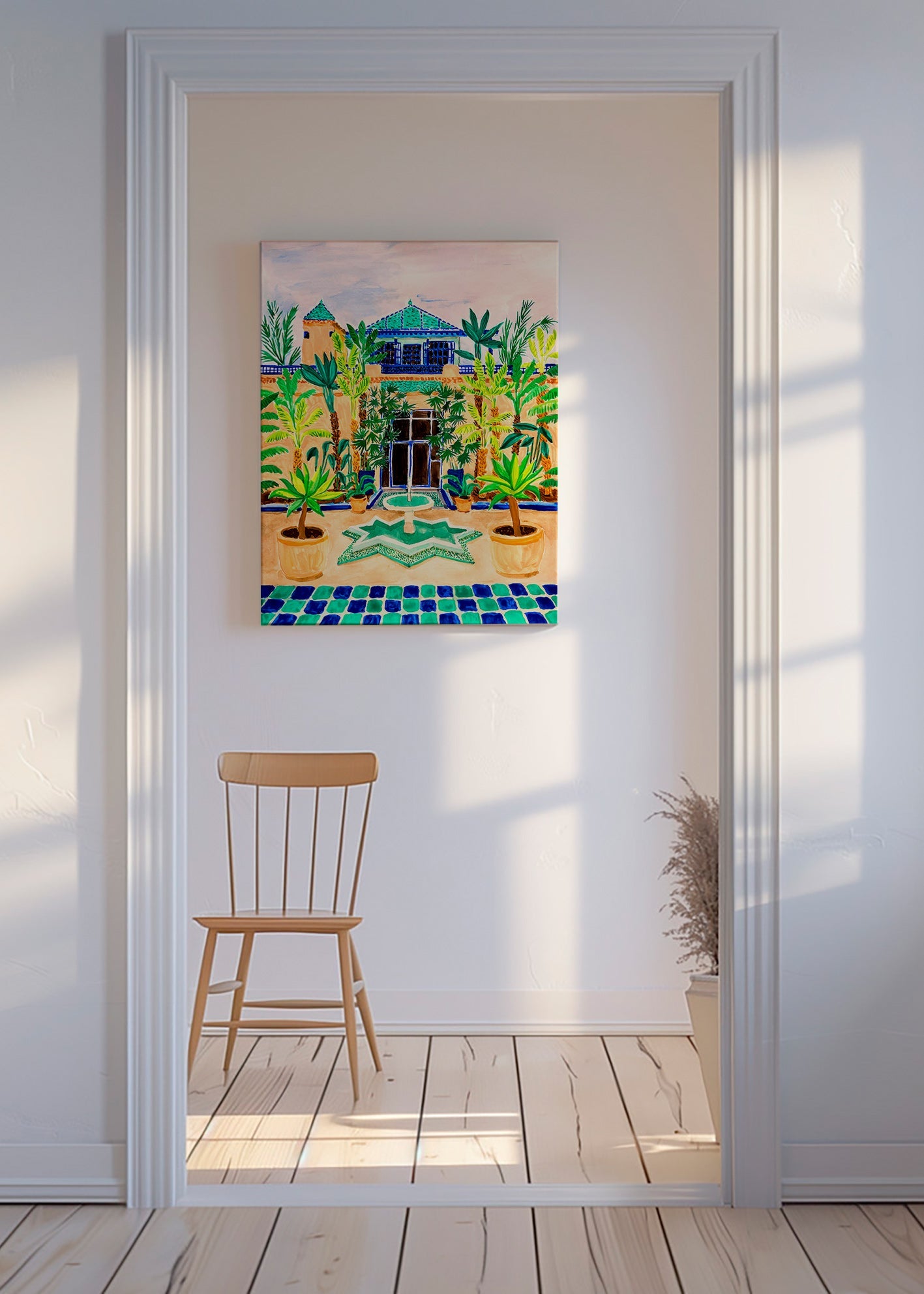 Botanische poster Binnenplaats met fontein en tegels