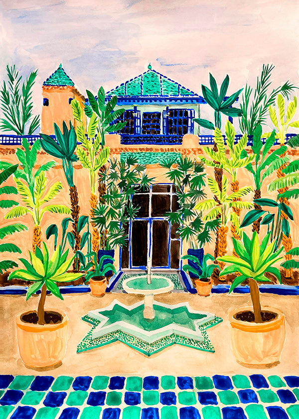 Botanische poster Binnenplaats met fontein en tegels