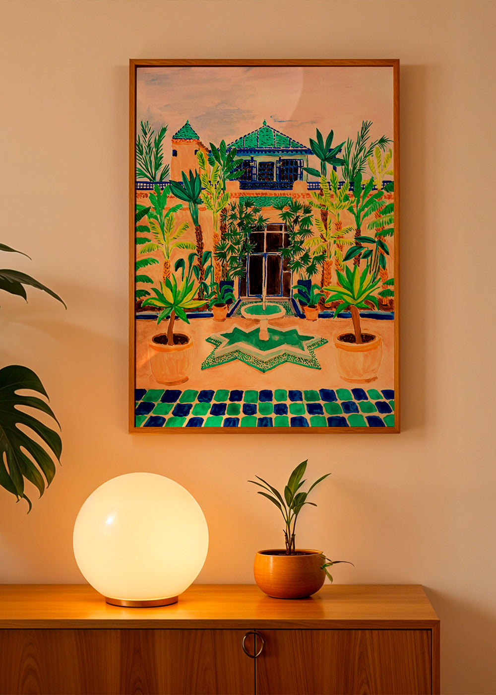 Botanische poster Binnenplaats met fontein en tegels