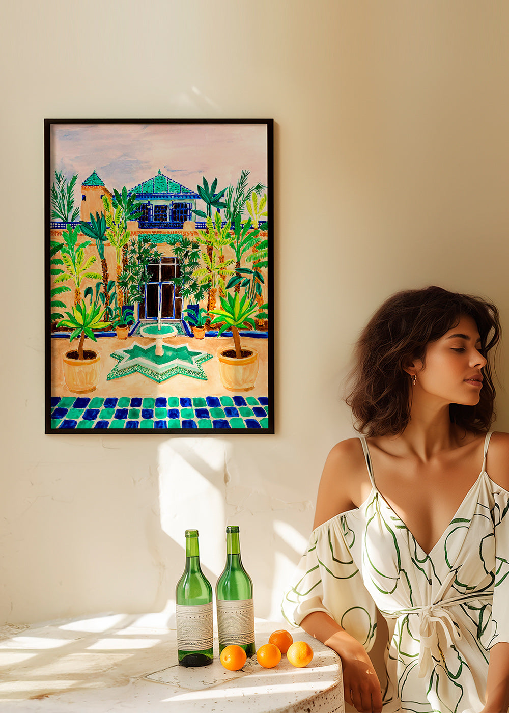 Botanische poster Binnenplaats met fontein en tegels