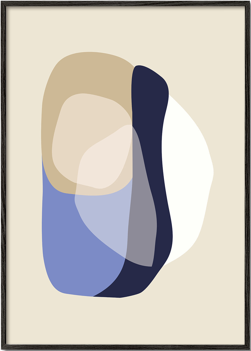 Minimalistisch kunstwerk met organische beige en blauwe vormen