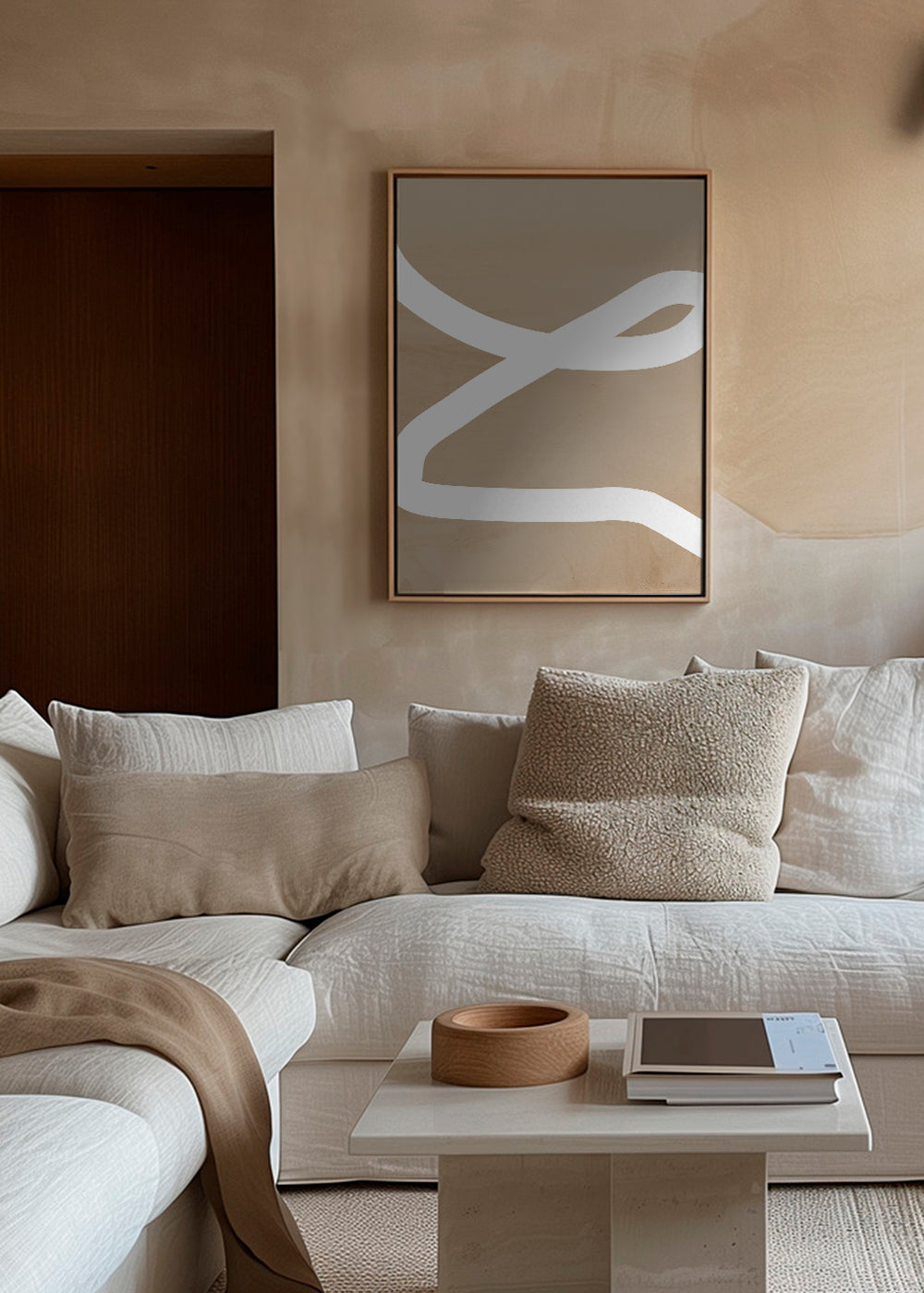 Minimalistisch kunstwerk witte streep op beige