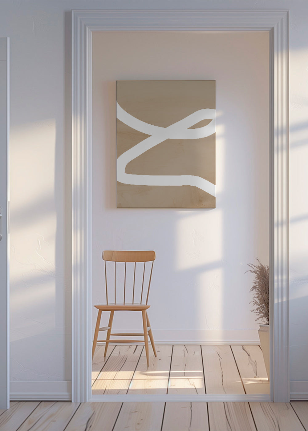 Minimalistisch kunstwerk witte streep op beige