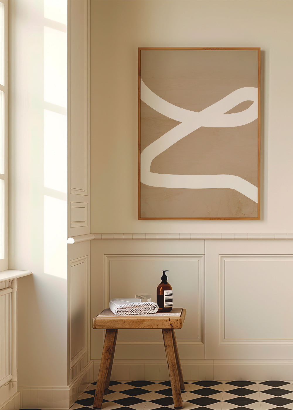 Minimalistisch kunstwerk witte streep op beige