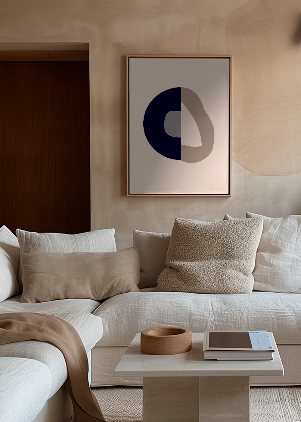 Abstract werk met blauwe boog en beige lus