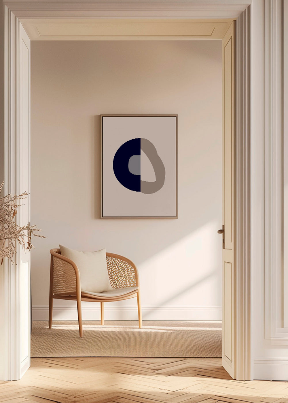Abstract werk met blauwe boog en beige lus