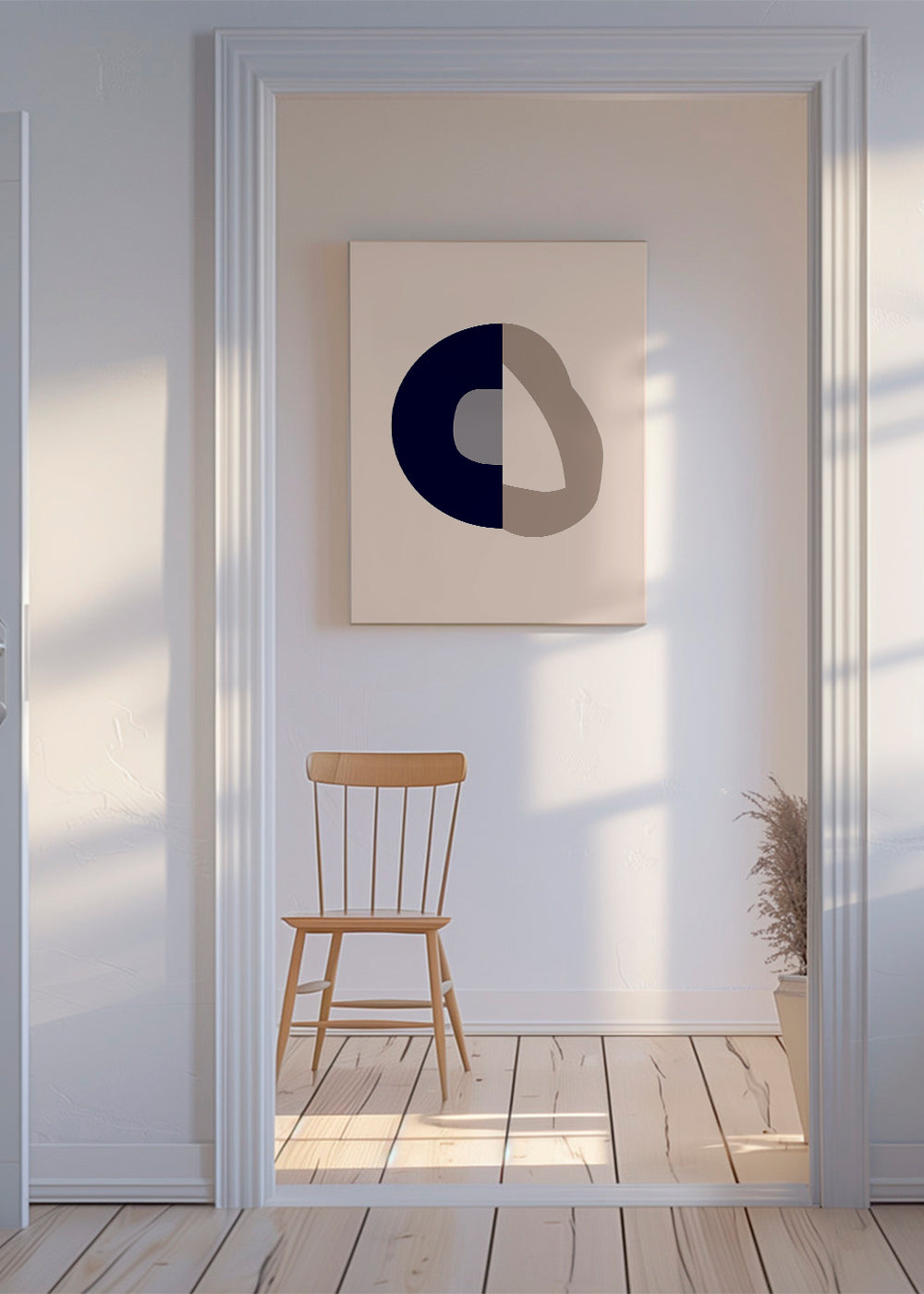Abstract werk met blauwe boog en beige lus