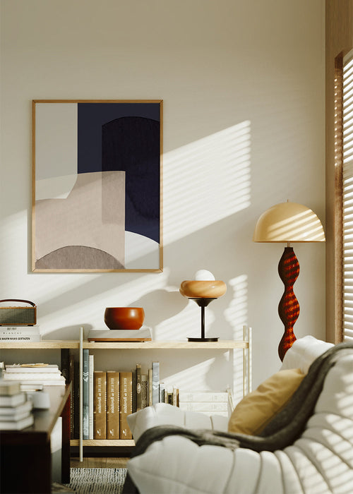 Abstract kunstwerk beige en blauw met gelaagde vormen