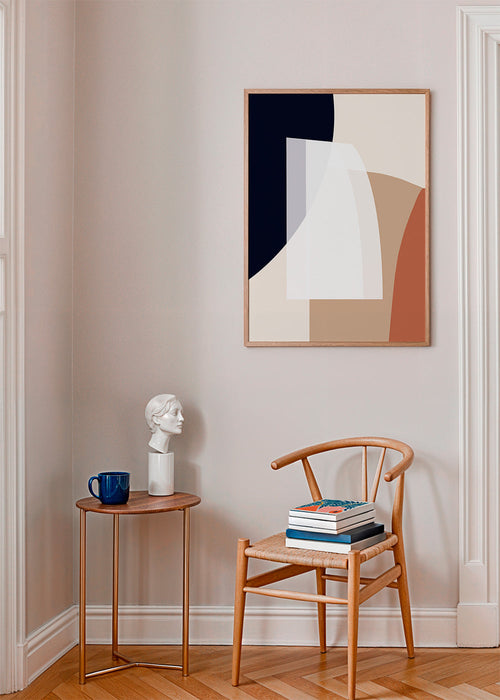 Abstract kunstwerk met organische beige en blauwe vormen