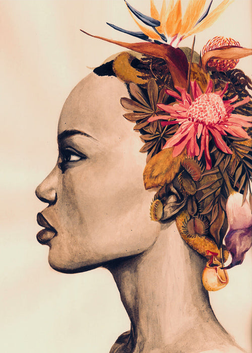 Botanische print: portret met bloemenkroon