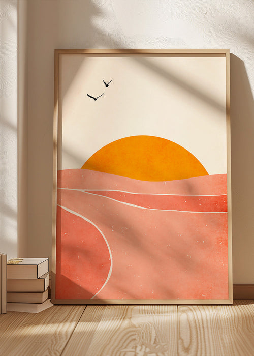 Landschap kunst met geometrische koraalzon