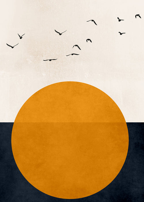Geometrische poster met oranje zon en vogels