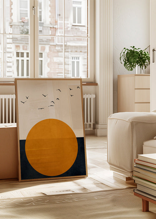Geometrische poster met oranje zon en vogels