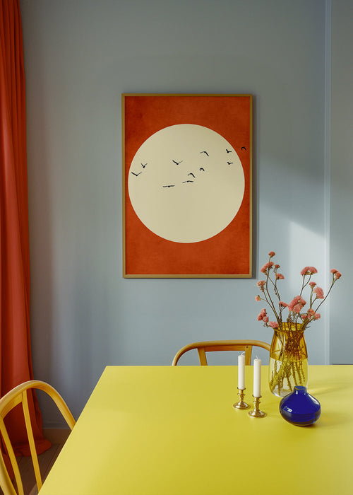 Abstract kunst: zonneschijf met meeuwen