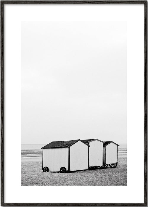 Landschapsprent zwart-wit met strandhuisjes