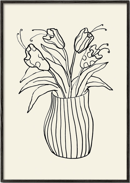 Botanische print: vaas met tulpen lijntekening