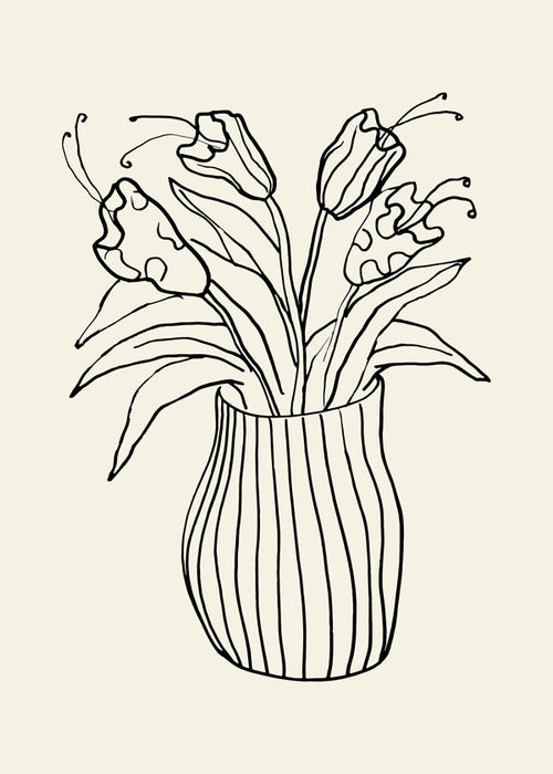 Botanische print: vaas met tulpen lijntekening