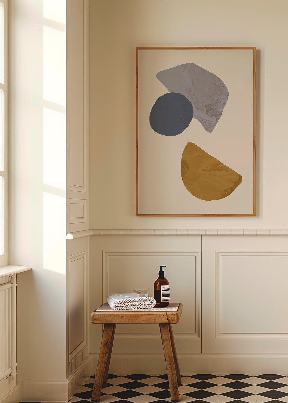 Abstract kunstwerk met organische beige vormen