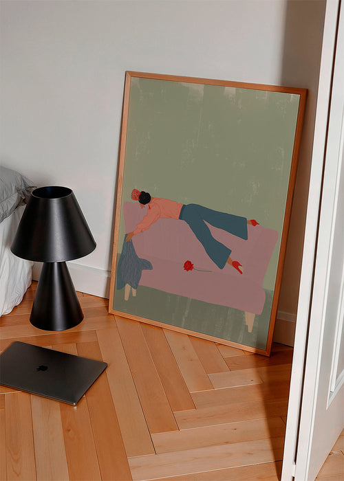 Illustratie van figuur liggend op roze bank