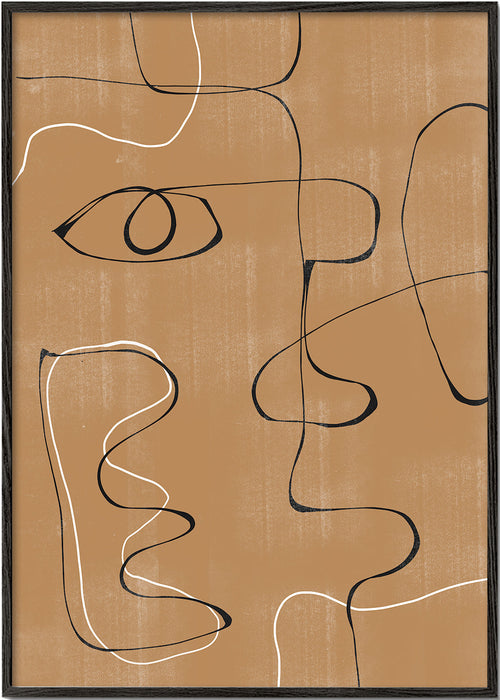 Abstracte kunst: lineair gezicht op okerkleurige achtergrond
