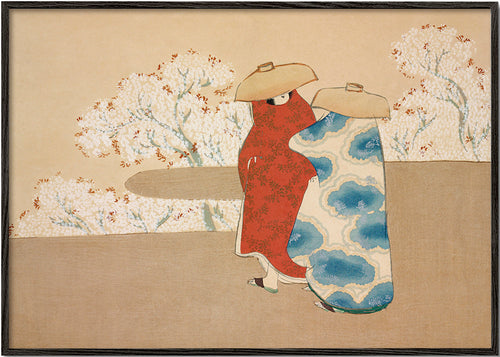 Botanische print met Japanse figuren en sakura
