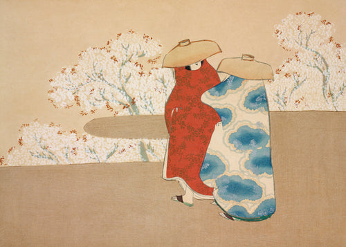 Botanische print met Japanse figuren en sakura