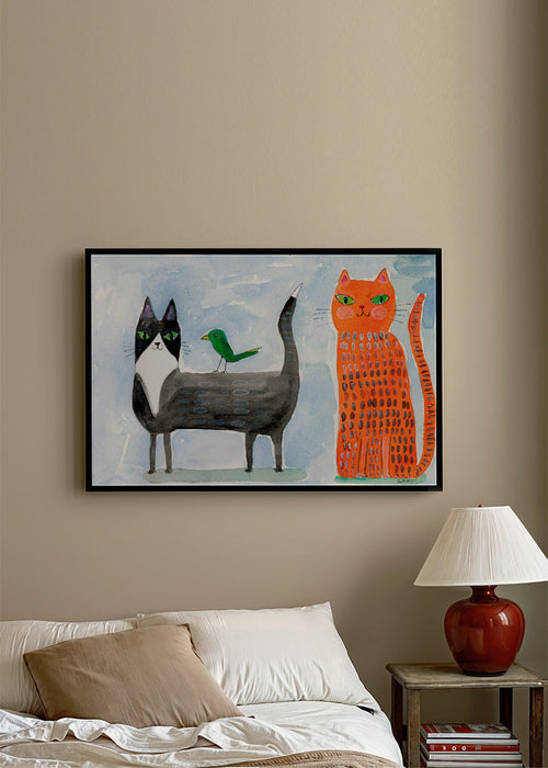 Speelse kat en vogel illustratie