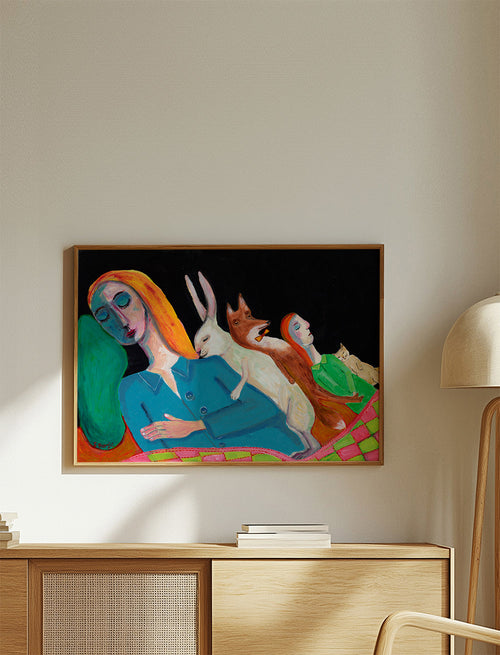 Dromerige illustratie met slapende figuren