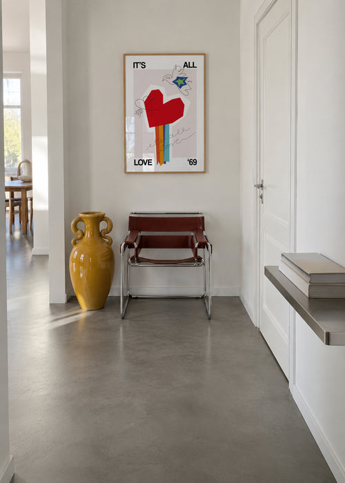 It's All Love '69 Heart Greige - Framed poster in an interior