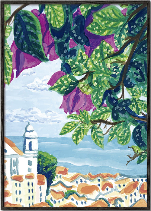 Stadsposter Lissabon met bougainvillea en oranje daken