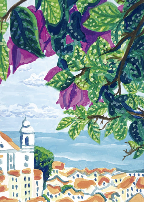 Stadsposter Lissabon met bougainvillea en oranje daken