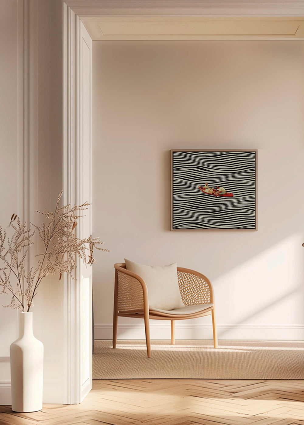 Abstracte kunst: rode kano op optische golven
